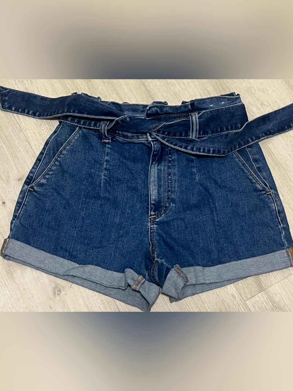 Express Super High-Waist Dark Blue Denim Shorts w/ Tye waist